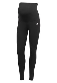 Leggings de maternité noirs en tissu extensible, taille haute pour un bon maintien, avec un petit logo blanc sur la cuisse. Texture lisse, longueur complète.