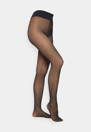 Zwarte sheer panty met een brede, elastische tailleband. Glad texuur en een nauwsluitende pasvorm, die de benen tot aan de voeten bedekt met een semi-doorzichtige afwerking.