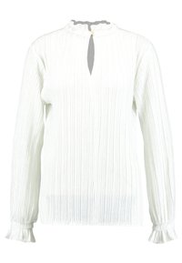 Blusa bianca a maniche lunghe con pieghe verticali, scollatura rotonda, apertura a chiave e polsini arricciati. Realizzata in un tessuto leggero.