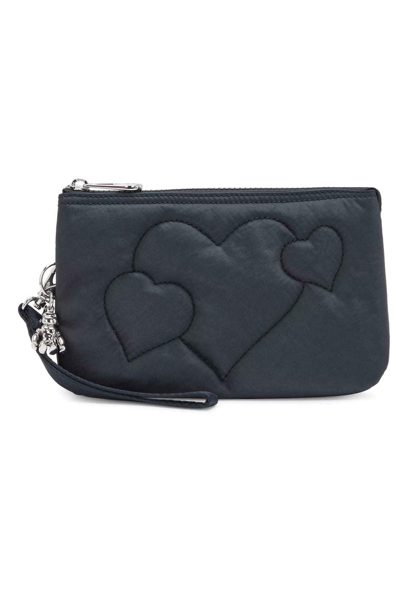 Black quilted pouch with heart patterns, zipper closure, and a detachable wrist strap. Includes a decorative charm on the strap.
