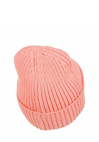 Pink knitted beanie with ribbed texture, rounded top, and folded brim. Soft material with a cozy appearance.