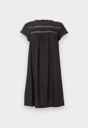 Schwarzes knielanges Kleid mit kurzen Ärmeln, Spitzenpaneel und Verzierungen entlang der Brust und Ärmel, lockere Passform.