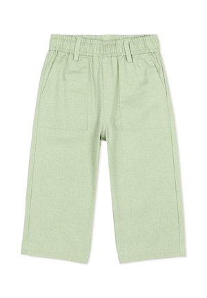 Lichtgroene broek met wijde pijpen, elastische tailleband, riemlussen en twee voorzakken.