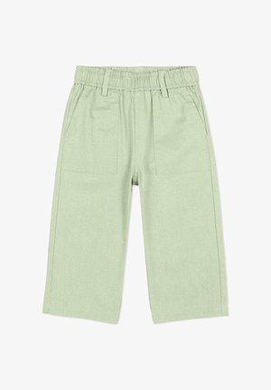 Lichtgroene broek met wijde pijpen, elastische tailleband, riemlussen en twee voorzakken.