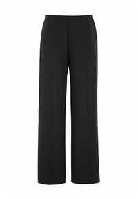 Zwarte wijde broek van zacht materiaal met een gladde textuur. Beschikt over een elastische tailleband en voor plooien voor extra detail.