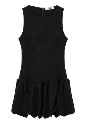 Robe mini noire sans manches avec corsage ajusté et fermeture éclair au dos, dotée d'une jupe à ourlet bouffant volumineux froncé.