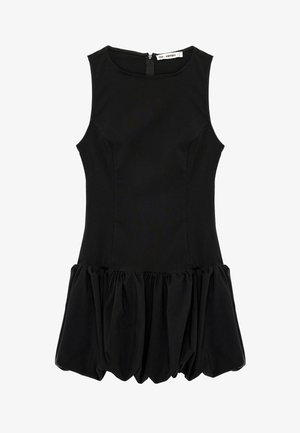 Ærmeløs sort minikjole med tætsiddende overdel og lynlås bagpå, med en samlet, voluminøs skørt med balloneffekt.