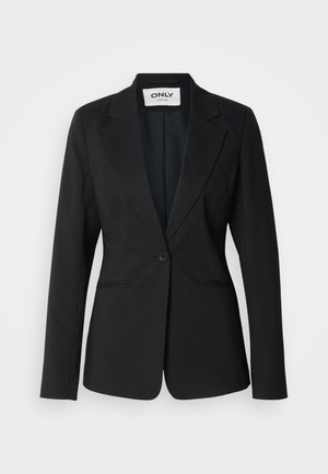 Blazer noir ajusté, fermeture à un bouton, revers crantés, deux poches avant, tissu à texture lisse, coupe ajustée sans ornements.