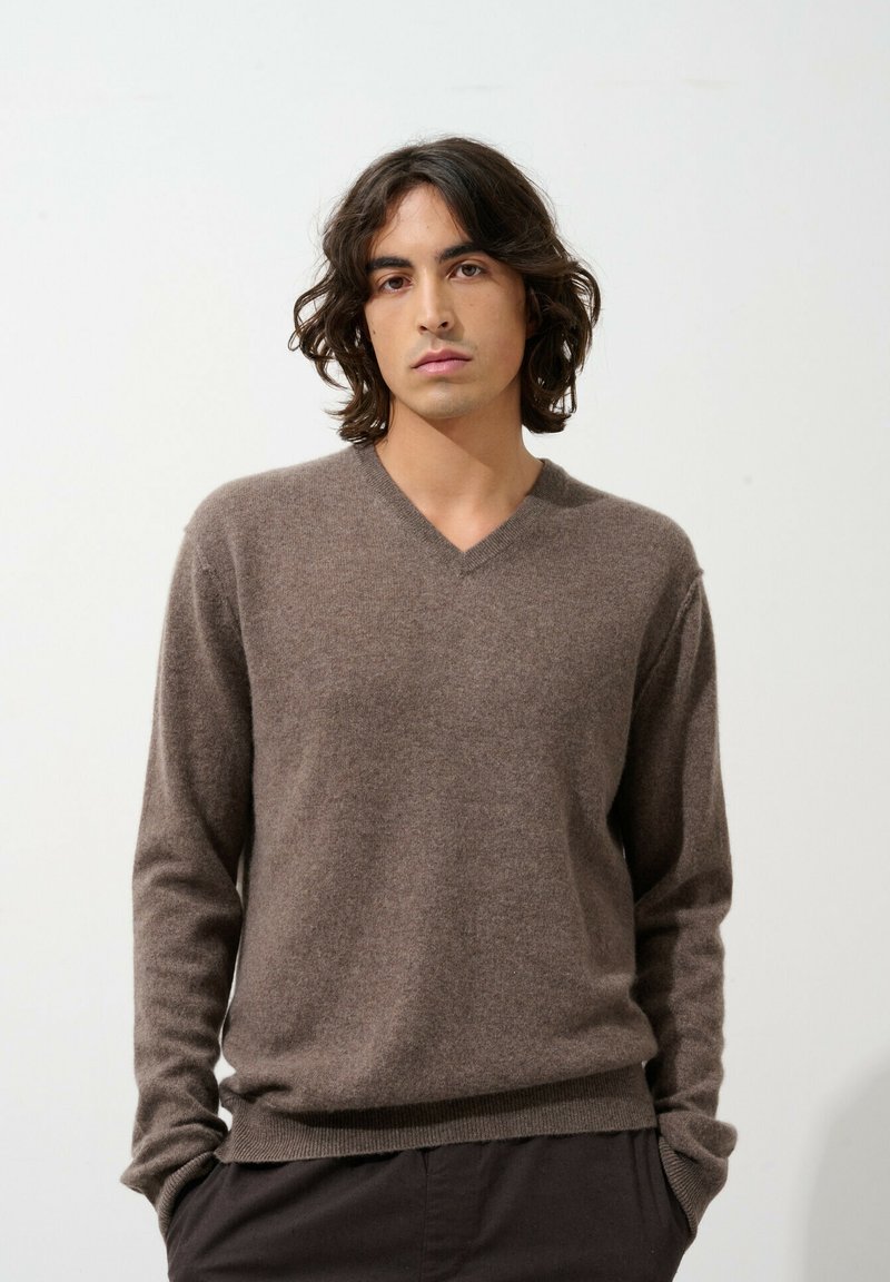 Brauner Wollpullover mit V-Ausschnitt und langen Ärmeln, der eine weiche Textur und eine taillierte Silhouette aufweist. Der Saum ist gerippt für zusätzlichen Detail.