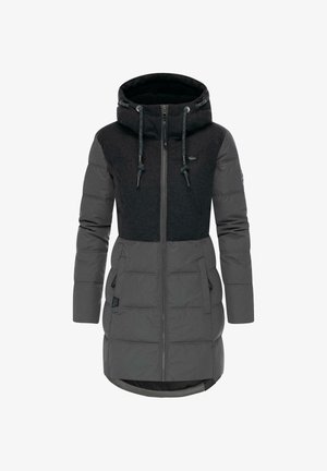 Cappotto imbottito grigio con parte superiore in pile nero, alto colletto e cappuccio regolabile; presenta una cerniera frontale, tasche laterali e texture trapuntata.