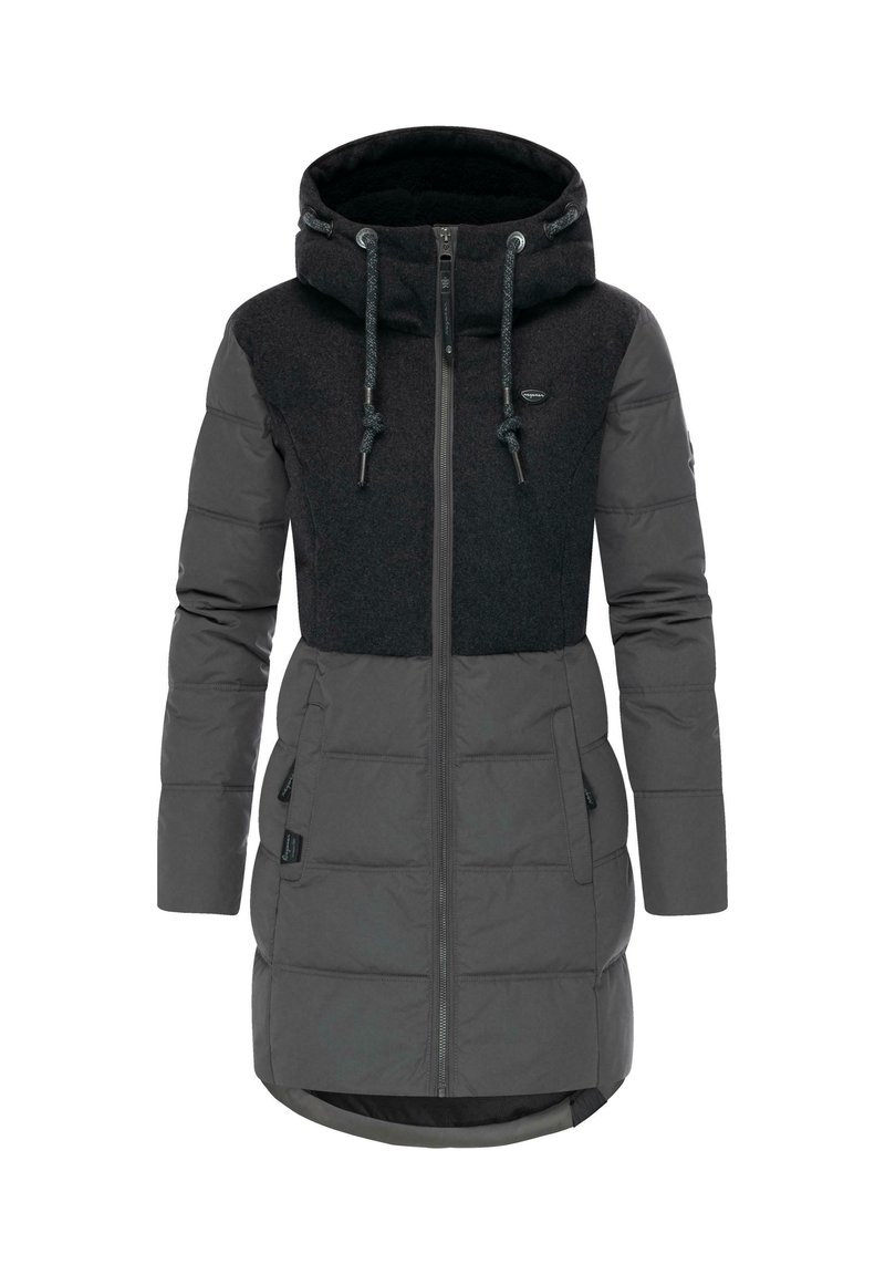 Cappotto imbottito grigio con parte superiore in pile nero, alto colletto e cappuccio regolabile; presenta una cerniera frontale, tasche laterali e texture trapuntata.