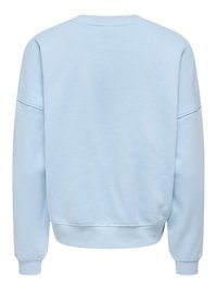 Sweat-shirt bleu clair à manches longues avec poignets, ourlet côtelés et encolure ronde classique vu de dos.