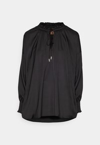 Czarna bluzka z długim rękawem wykonana z gładkiej tkaniny. Posiada marszczony dekolt, regulowany sznurek oraz elastyczne mankiety dla wygodnego dopasowania.