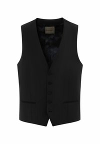 Chaleco negro hecho de una tela suave que presenta un escote en V profundo, seis botones y dos bolsillos frontales. El interior tiene un sutil patrón de camuflaje.