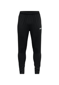 Schwarze Sporthosen mit elastischem Bund, schmalem Schnitt und weißem "JAKO"-Logo auf der Vorderseite. Glattes Material mit einem eleganten Design.