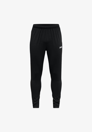 Schwarze Sporthosen mit elastischem Bund, schmalem Schnitt und weißem "JAKO"-Logo auf der Vorderseite. Glattes Material mit einem eleganten Design.