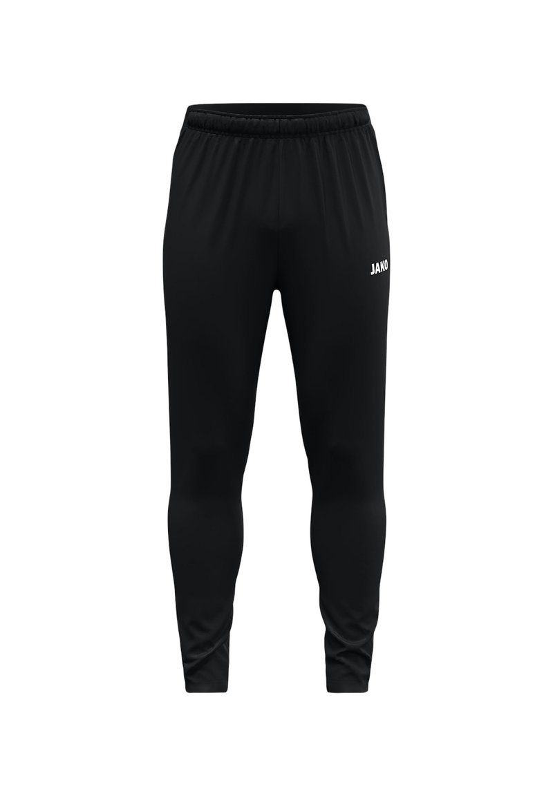 Schwarze Sporthosen mit elastischem Bund, schmalem Schnitt und weißem "JAKO"-Logo auf der Vorderseite. Glattes Material mit einem eleganten Design.