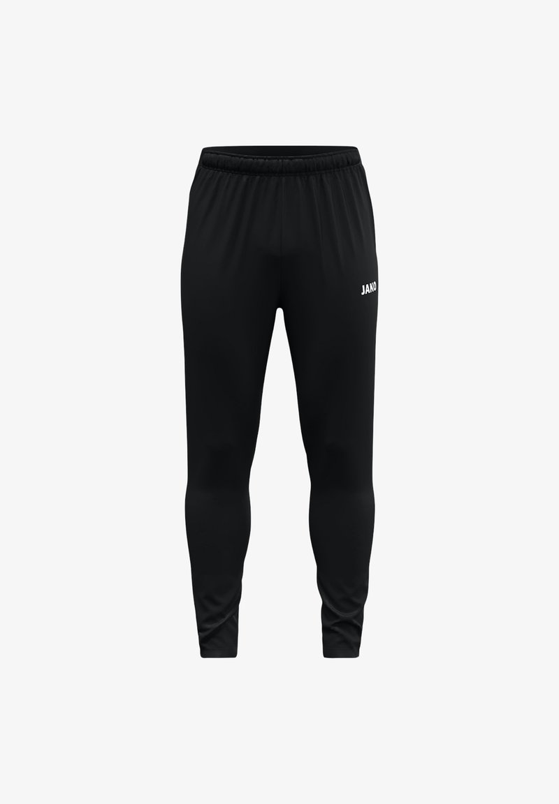 Zwarte sportbroek met een elastische tailleband, slanke pasvorm en een wit "JAKO" logo op de voorkant. Gladde stof met een strakke uitstraling.