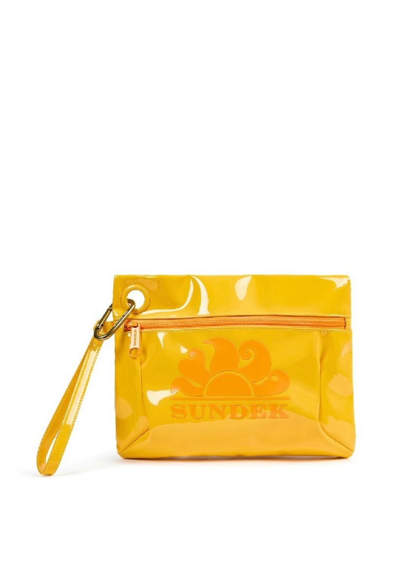 Clutch in vernice gialla con tracolla, dotato di una tasca frontale con zip e un design del logo del sole impresso sulla superficie.