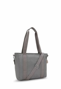 Borsa tote in tessuto grigio con doppie maniglie corte e una lunga tracolla regolabile, caratterizzata da una texture liscia e una sottile impuntura decorativa.