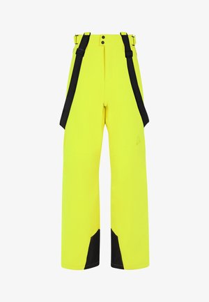 Helle gelbe wasserdichte Skihosen mit schwarzen Akzenten, ausgestattet mit verstellbaren Trägern, einem geraden Schnitt und verstärkten Knöchelbereichen.