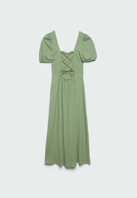 Groene, getextureerde maxi-jurk met pofmouwen en een vetersluiting aan de voorkant. Bevat een vierkante halslijn en een vloeiende rok.