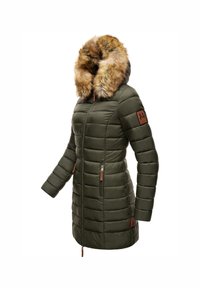 Olive green puffer coat featuring a faux fur-lined hood, zip pockets with leather pulls, and a fitted silhouette with quilted detailing.