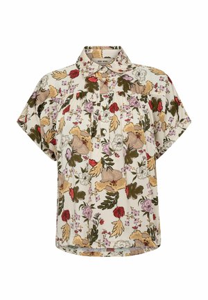 Lühikeste varrukatega kreemjas pluus kraelise kaelusega, esiküljel nööpidega ja punase, kollase, roosa, rohelist ning beeži värvi mitmevärvilise lillemustriga.