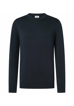 Dunkel marineblauer Langarm-Pullover mit Rundhalsausschnitt, gerippten Bündchen und Saum, aus einfarbigem Strickstoff und einem kleinen Etikett im Innenkragen.