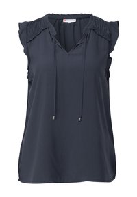 Haut sans manches bleu marine avec un décolleté en V, détails froncés sur les épaules et cordon de serrage ajustable au niveau du col. Tissu lisse et léger.