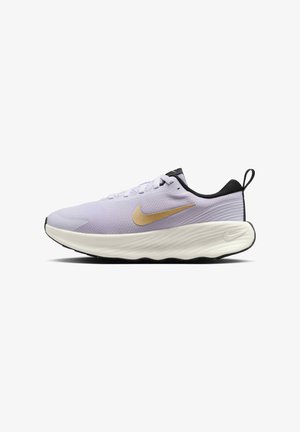 Light purple athletic shoe with black accents. Features a textured upper, a golden swoosh logo, and a white, ridged midsole.