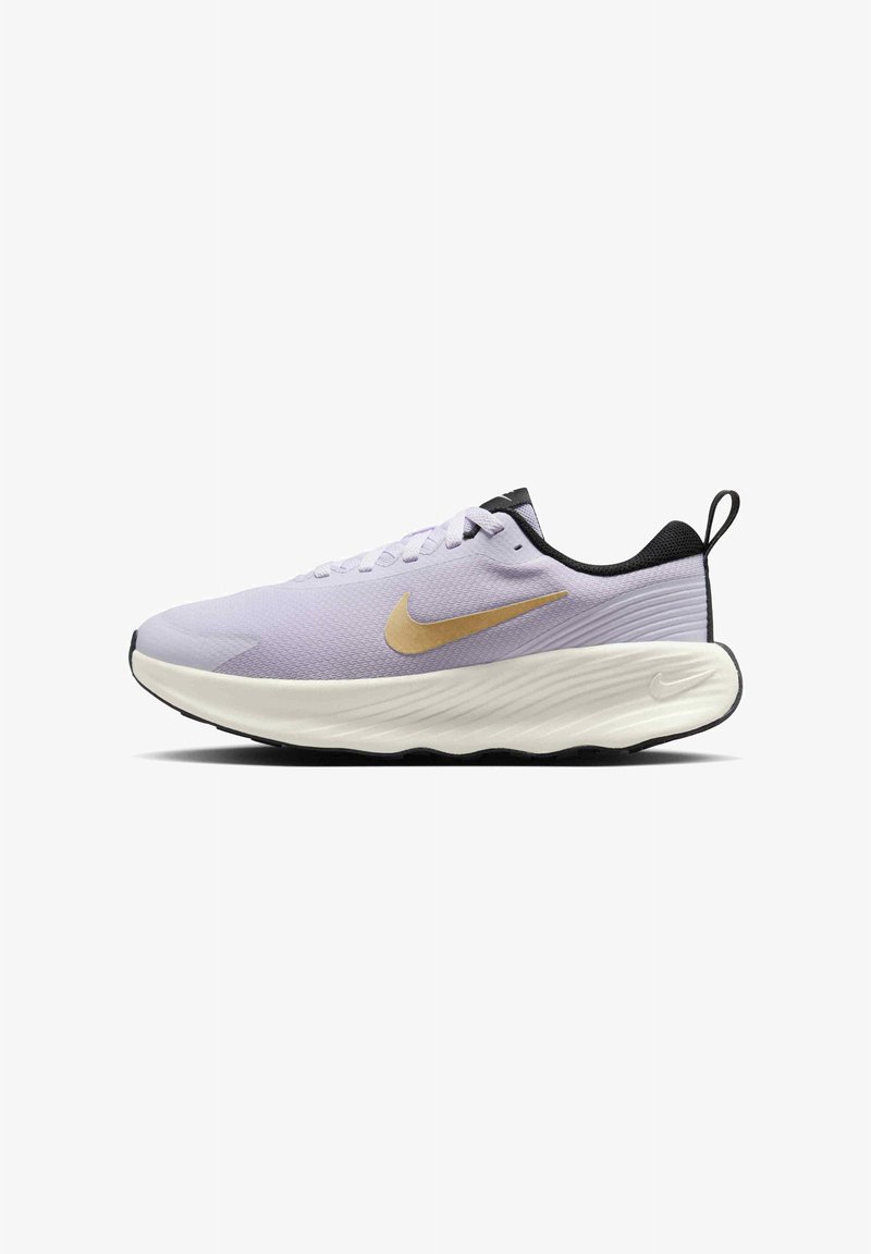 Light purple athletic shoe with black accents. Features a textured upper, a golden swoosh logo, and a white, ridged midsole.