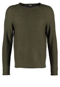 Pull en tricot vert olive avec un col rond, des manches raglan longues et une finition texturée. Il présente une coupe décontractée et des poignets côtelés.