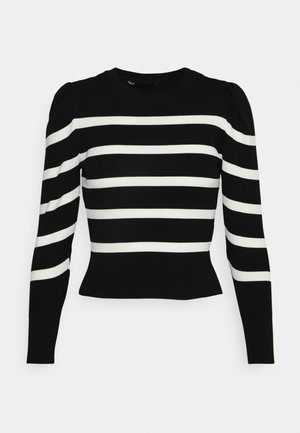 Schwarz-weiß gestreifter Strickpullover mit rundem Ausschnitt, langen Ärmeln und taillierter Passform. Rippstruktur und Puff-Schultern.