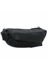 Black leather fanny pack with a smooth texture, curved shape, zip closure, and an adjustable strap for secure wear.
