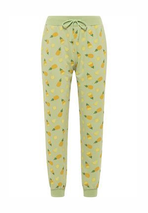 Zöld jogger nadrág, sárga ananászok és citrusfélék mintájával. Rugalmas derékpánt, húzózsinórral; felhúzott szegélyek. Puha anyagból készült.