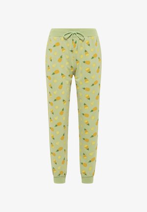 Zöld jogger nadrág, sárga ananászok és citrusfélék mintájával. Rugalmas derékpánt, húzózsinórral; felhúzott szegélyek. Puha anyagból készült.