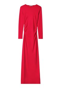 Red long-sleeve dress made of stretchy fabric, featuring a round neckline and side ruching detail along the waist. Floor-length design.