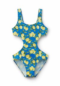 Einteiler-Badeanzug aus dehnbarem blauen Stoff mit einem Muster aus Zitronen und Blättern, ausgestattet mit breiten Schulterträgern und seitlichen Cut-outs.