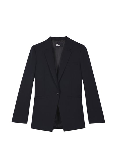 Black single-button blazer with notch lapels, two front pockets, chest pocket, and branded inner label.