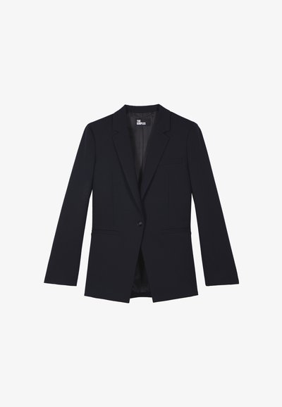 Black single-button blazer with notch lapels, two front pockets, chest pocket, and branded inner label.