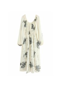 Rochie lungă, crem, cu imprimeu floral negru, având un corp strâns și mâneci lungi cu volane. Material ușor, cu un design fluid.