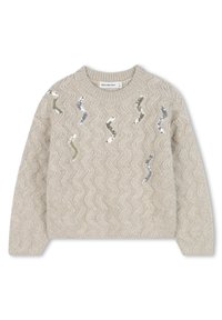 Beige trui met een gestructureerd zigzagpatroon en golvende paillettenaccenten in zilver en groen. Ribgebreide hals en manchetten maken het ontwerp compleet.