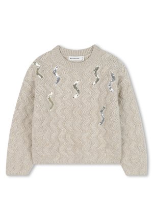 Pull beige avec un motif en zigzag texturé et des accents de sequins ondulés en argent et vert. Un col et des poignets côtelés complètent le design.