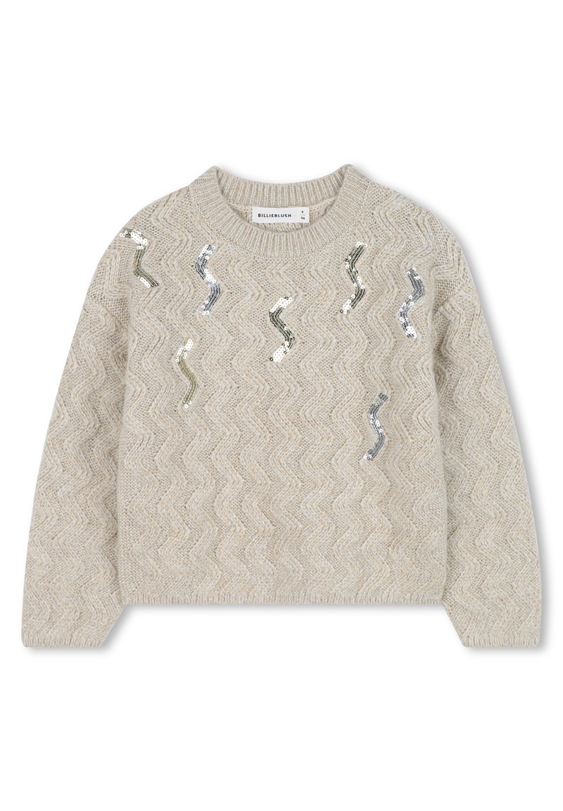 Beige trui met een gestructureerd zigzagpatroon en golvende paillettenaccenten in zilver en groen. Ribgebreide hals en manchetten maken het ontwerp compleet.