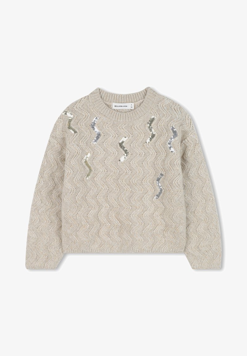 Beige trui met een gestructureerd zigzagpatroon en golvende paillettenaccenten in zilver en groen. Ribgebreide hals en manchetten maken het ontwerp compleet.
