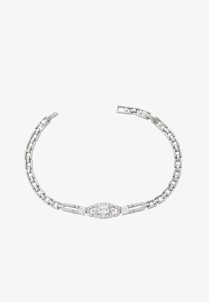Bracciale in argento con catena a doppio anello, caratterizzato da un centrale rettangolo di pietra trasparente circondato da piccole pietre luccicanti.
