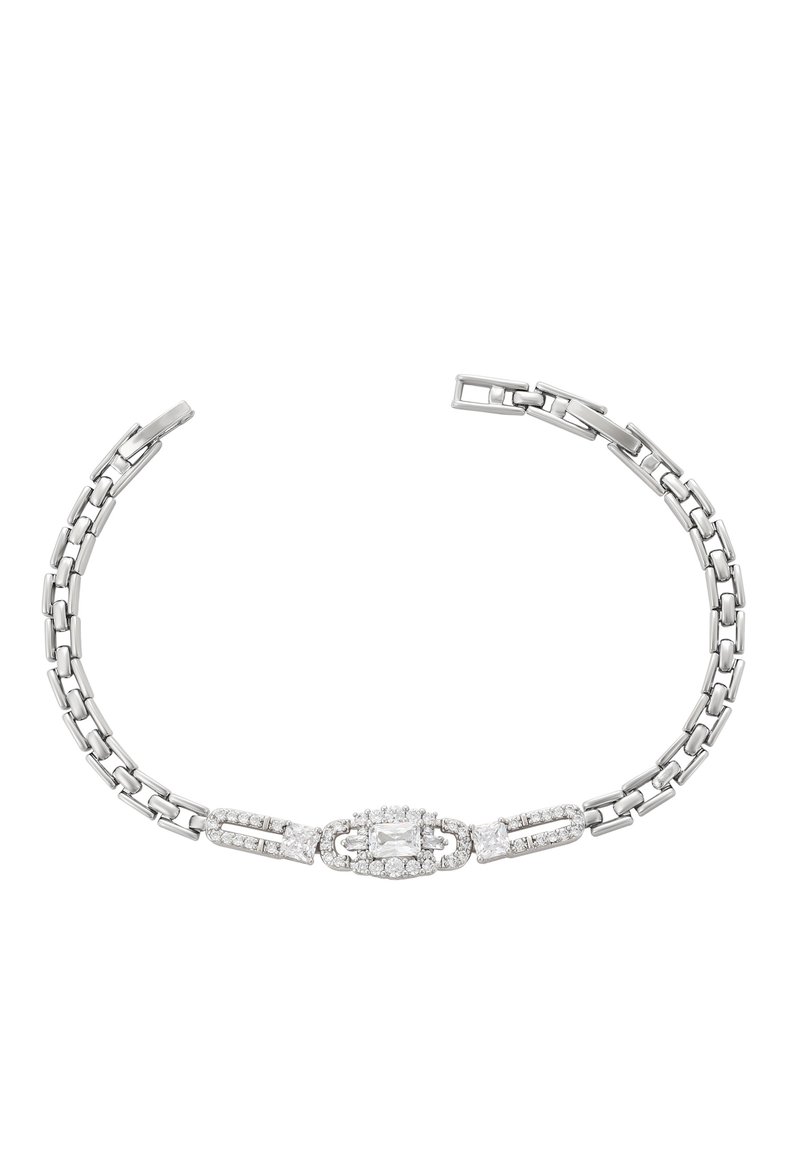 Strieborný náramok s dvojitým článkovým reťazcom s centrálnym obdĺžnikovým priehľadným drahokamom obklopeným menšími žiarivými kameňmi.