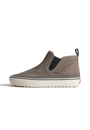 Gray suede slip-on Vans shoe with black elastic side panels, white rubber sole, and heel pull tab on a white background.