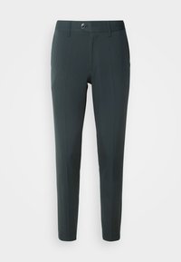 Slim-fit broeken gemaakt van donkere stof met een gladde textuur. Voorzien van een knoopsluiting, twee voorklauwen en een plooien langs elke pijp.